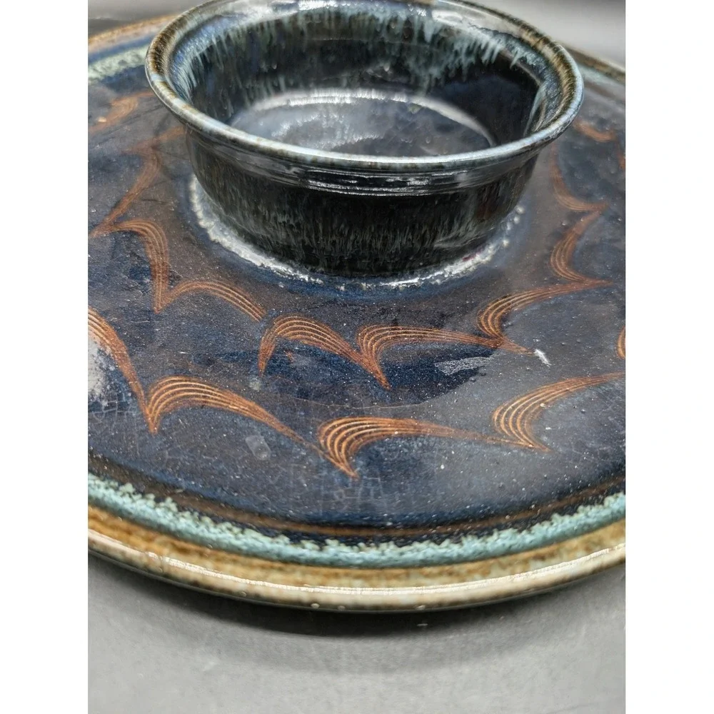 Studio Pottery Chip and Dip Serving Set Blue Brown Combed Wave Ceramic Signed